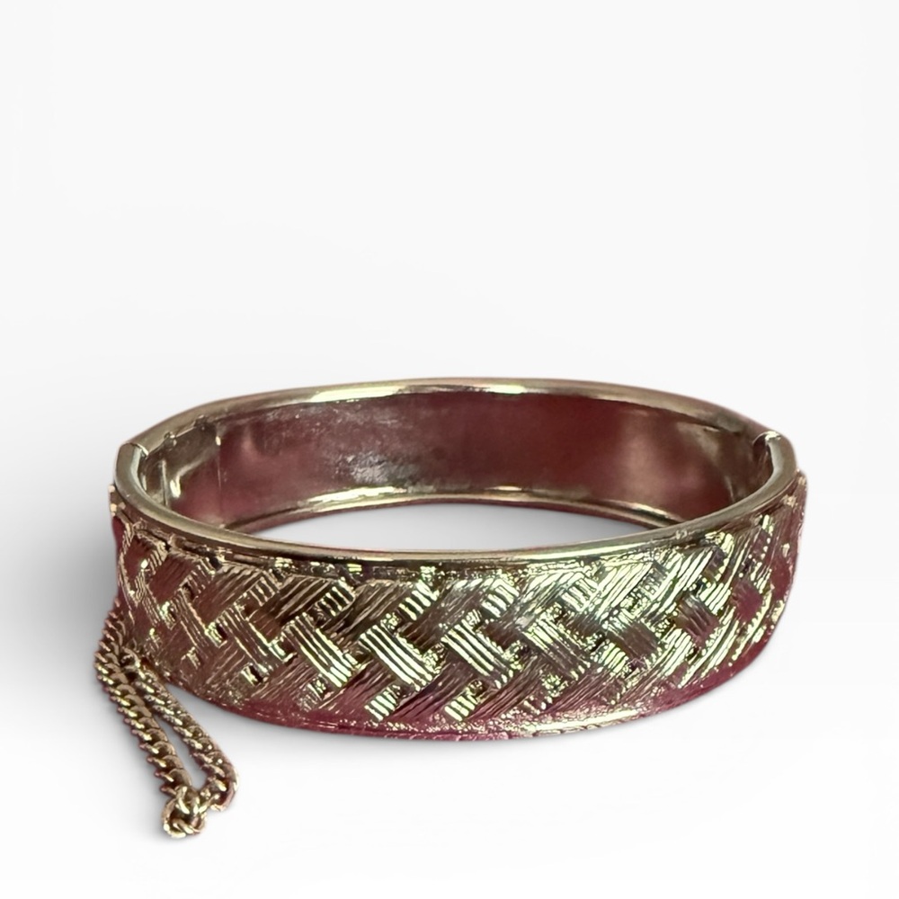 Vintage Silver Woven Bangle Hinged Bracelet w/ Safety Chain - Picture 1 of 9